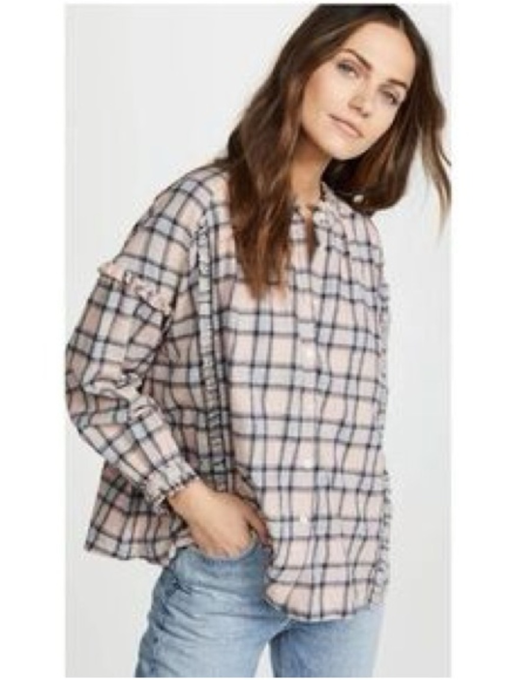 The Great Plaid Ruffle Collar Button-Front Top - Pink Plaid